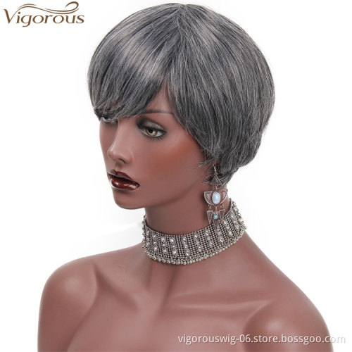 Vigorous Dark Grey Short Straight Hair Wigs with Inclined Bangs Synthetic Heat Resistant Fiber Black Gray Women Hair Wigs